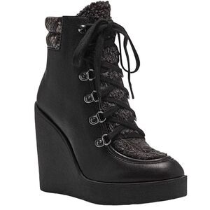 NWT JESSICA SIMPSON Black Maelyn Wedge Platform Almond-Toe Lace-up Ankle Boots